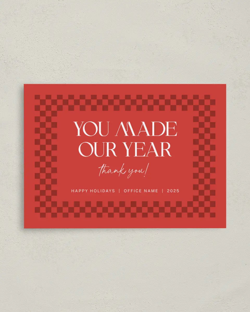 This is a 4" x 5.6" Christmas Card called Cheery Border printed in full color with Rose Gold foil on Soft Suede (coated) paper