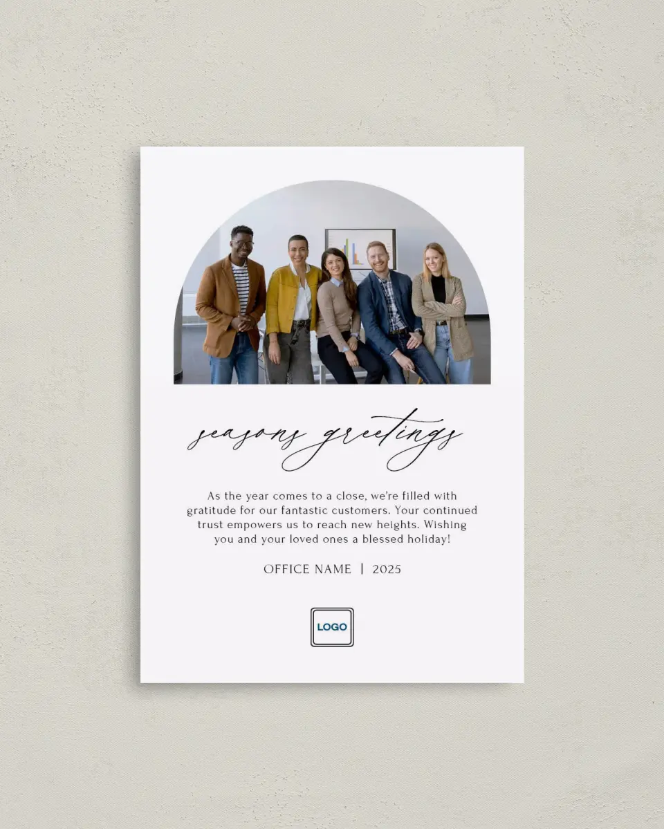 This is a 4" x 5.6" Christmas Card called Office Festivity printed in full color on Premium Smooth paper