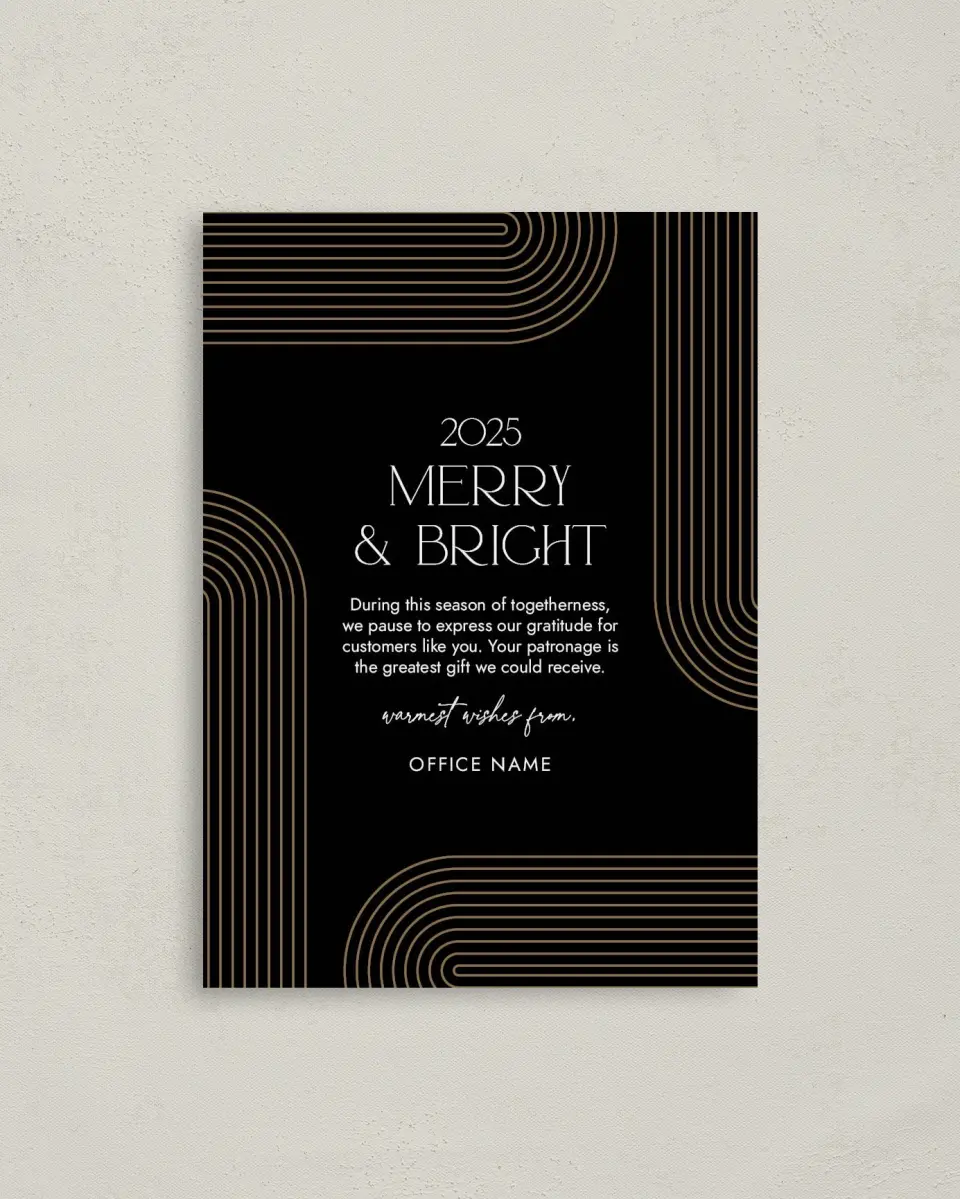 This is a 4" x 5.6" Christmas Card called Corporate Christmas printed in full color with Rose Gold foil on Soft Suede (coated) paper