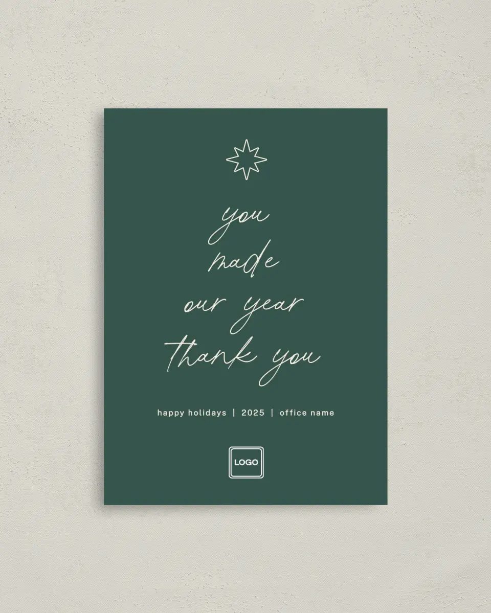 This is a 4" x 5.6" Christmas Card called Gratitude Greeting printed in full color with Gold foil on Soft Suede (coated) paper