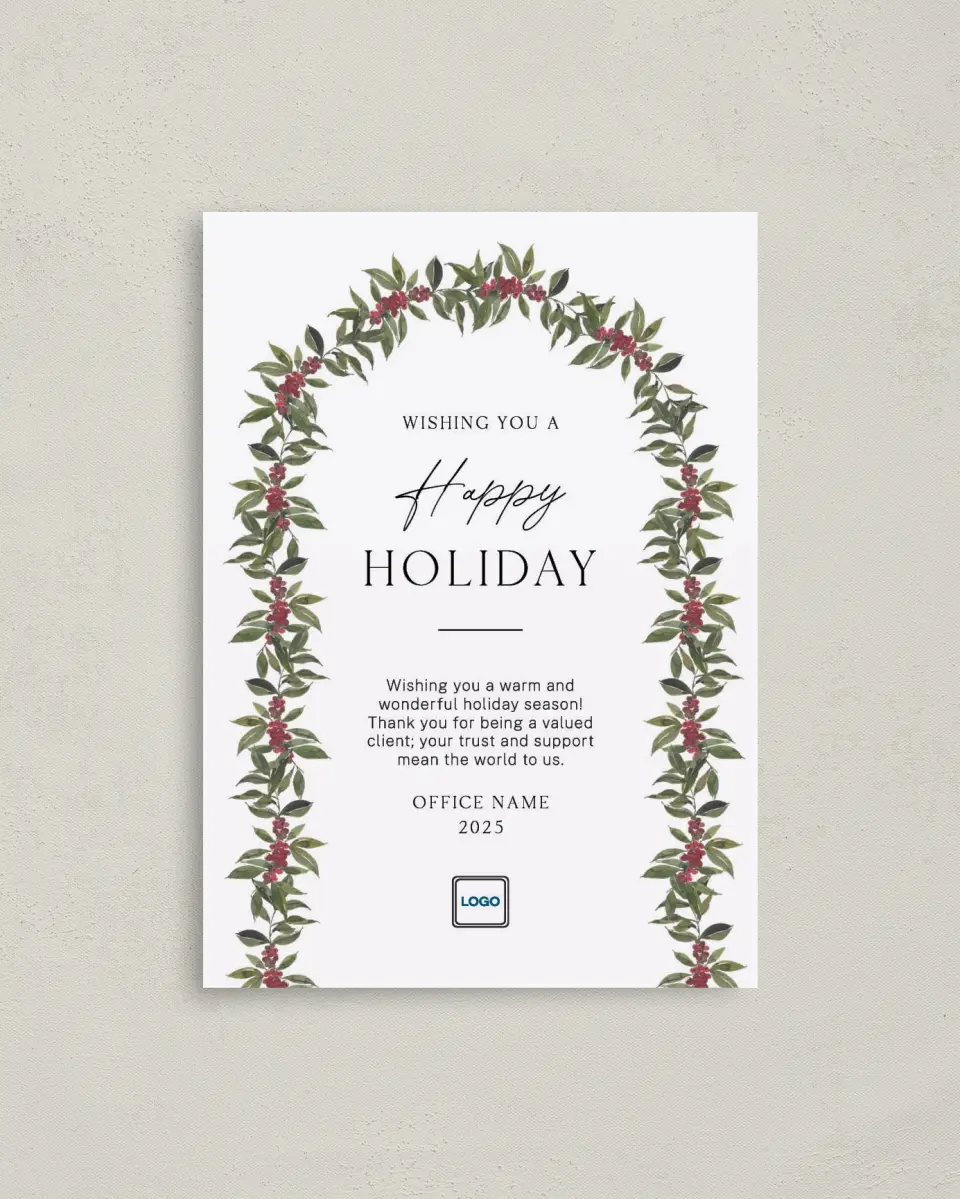 This is a 4" x 5.6" Christmas Card called Holly Harmony printed in full color on Premium Smooth paper