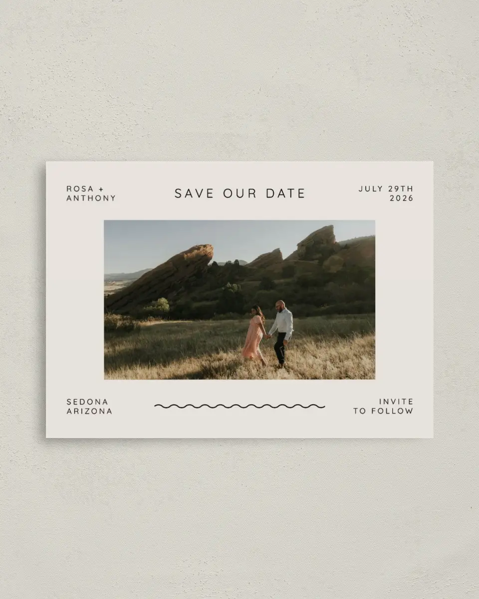 This is a 4" x 5.6" Save the Date Postcard called Desert Oasis printed in full color on Soft Touch Finish paper