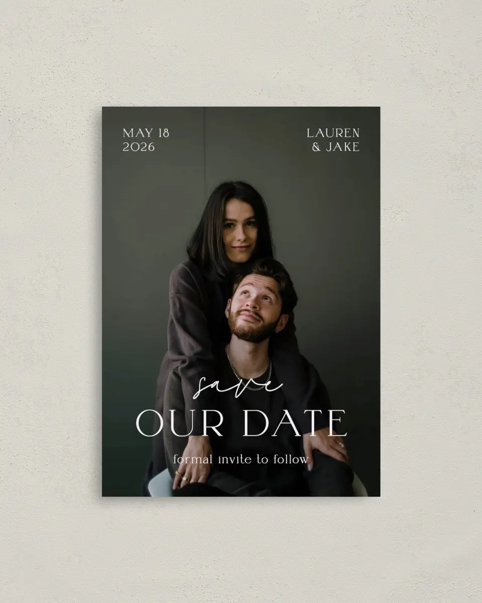 This is a 4" x 5.6" Save the Date Postcard called Sincere Sweetness printed in full color on Soft Touch Finish paper
