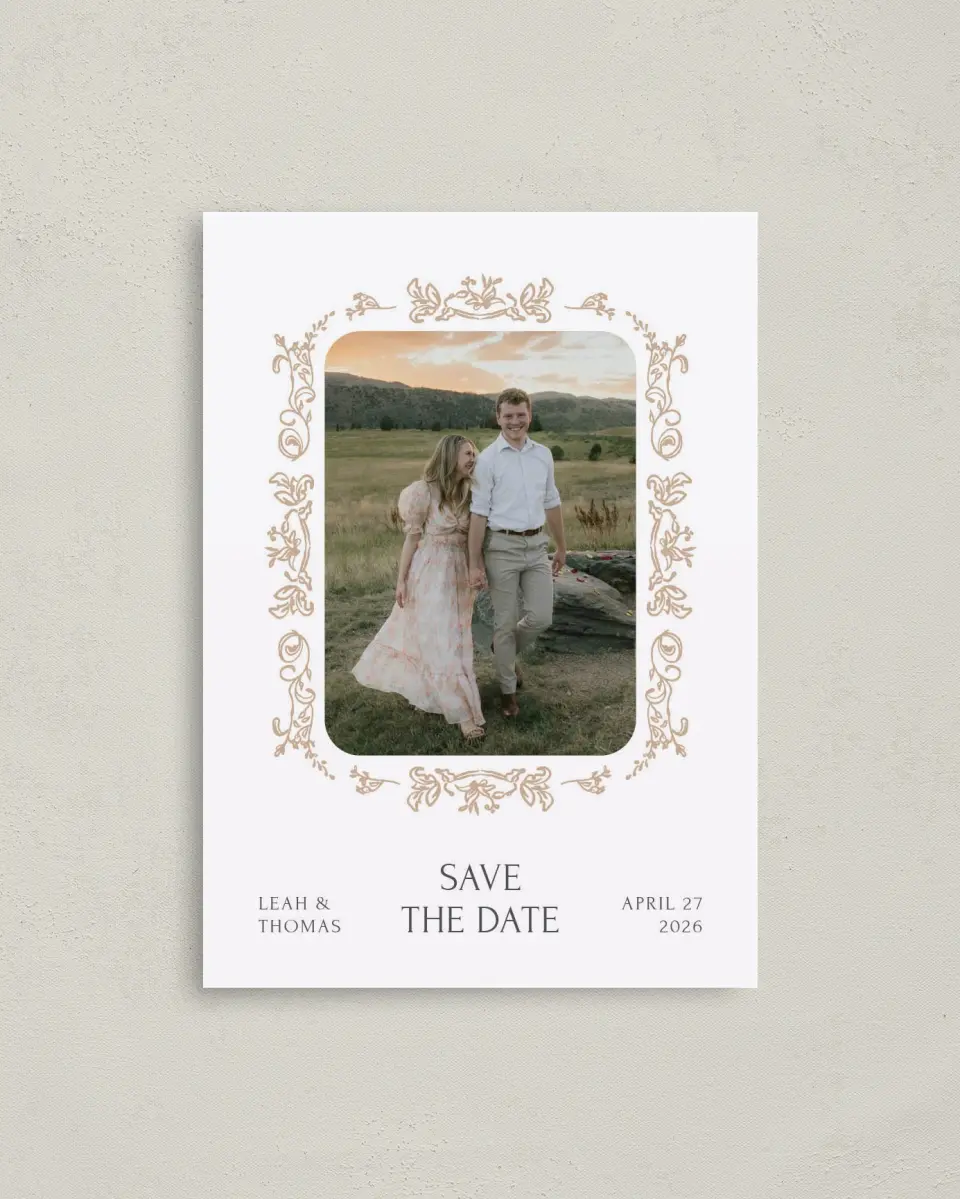 This is a 4" x 5.6" Save the Date Postcard called Tranquil Trail printed in full color on Soft Touch Finish paper