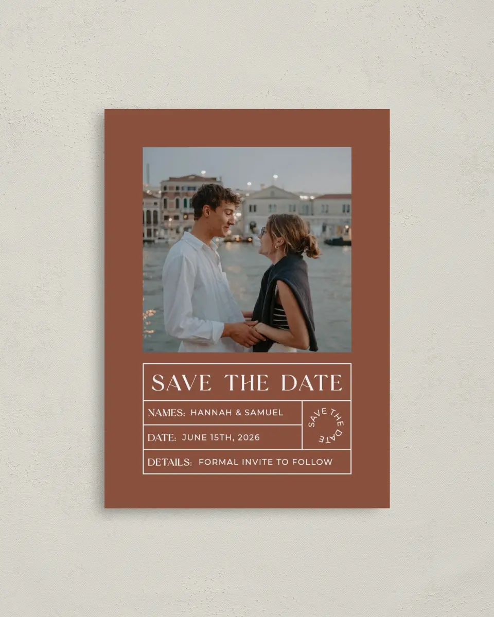 This is a 4" x 5.6" Save the Date Postcard called Sienna Sunset printed in full color with Rose Gold foil on Soft Touch Finish paper