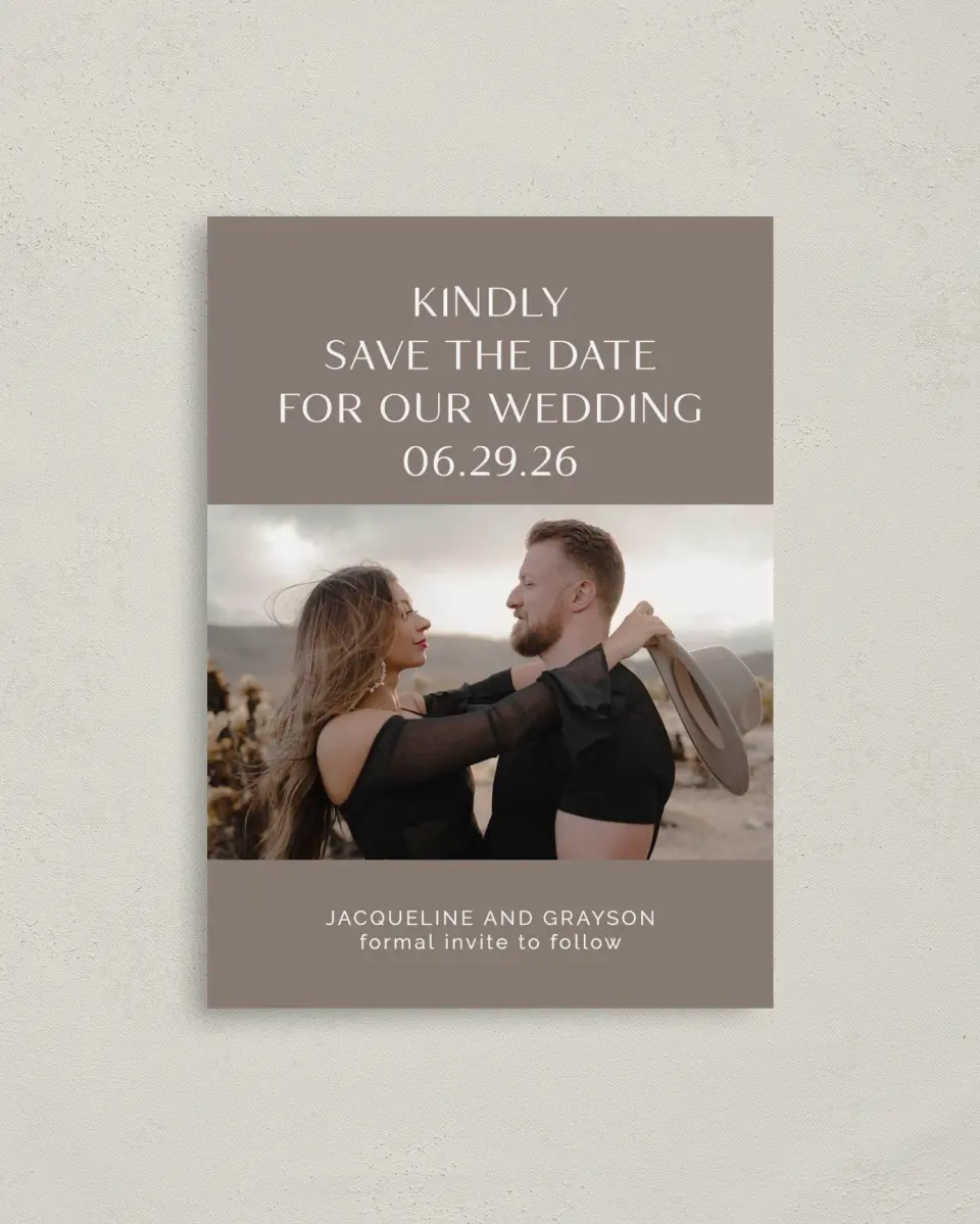 This is a 4" x 5.6" Save the Date Postcard called Suede Serenity printed in full color on Soft Touch Finish paper