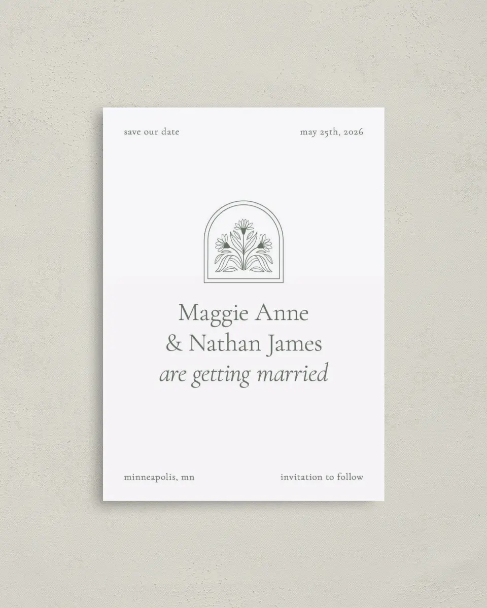 This is a 4" x 5.6" Save the Date Postcard called Blossoming Love printed in full color on Soft Touch Finish paper