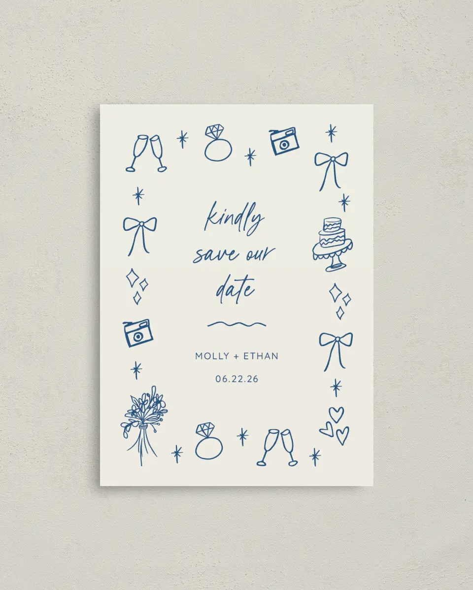 This is a 4" x 5.6" Save the Date Postcard called Drawn to You printed in full color on Soft Touch Finish paper