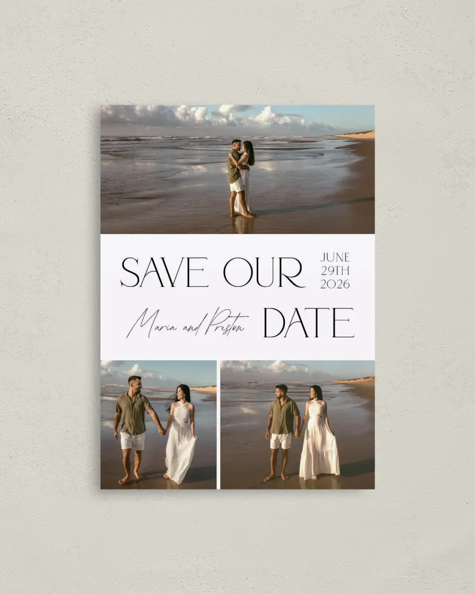 This is a 4" x 5.6" Save the Date Postcard called Beautiful Beginnings printed in full color on Soft Touch Finish paper