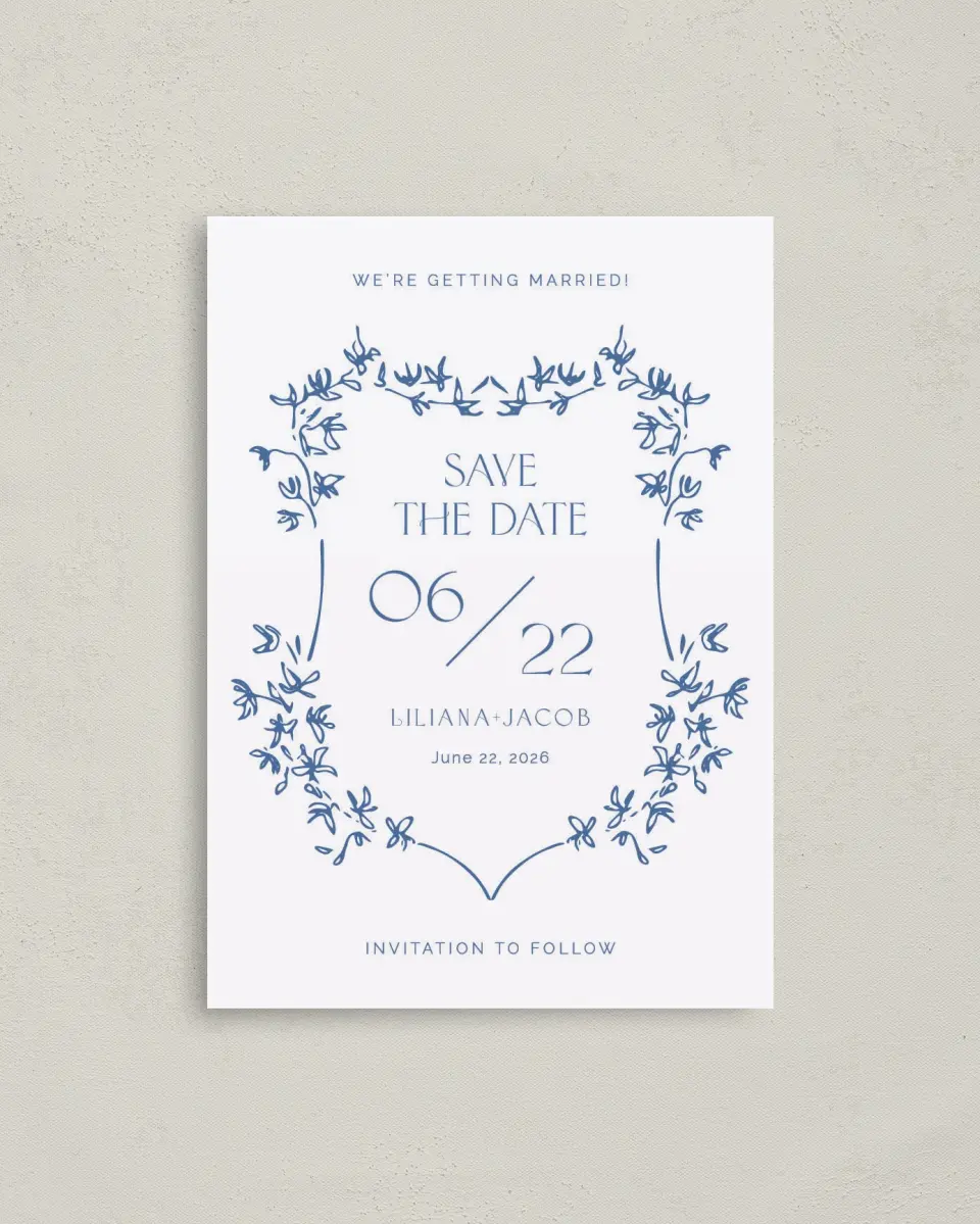 This is a 4" x 5.6" Save the Date Postcard called Vintage Vines printed in full color on Soft Touch Finish paper