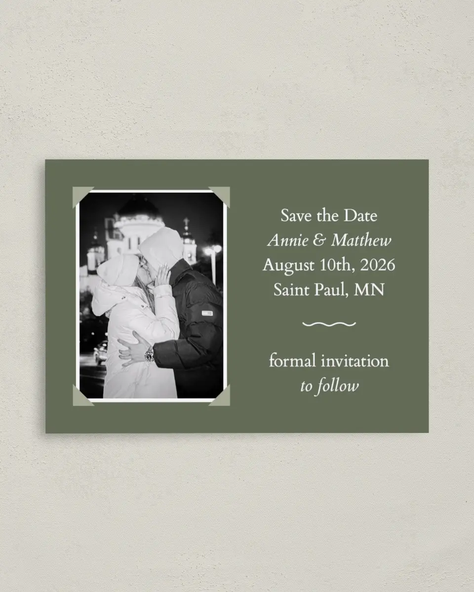 This is a 4" x 5.6" Save the Date Postcard called Framed Forever printed in full color on Soft Touch Finish paper