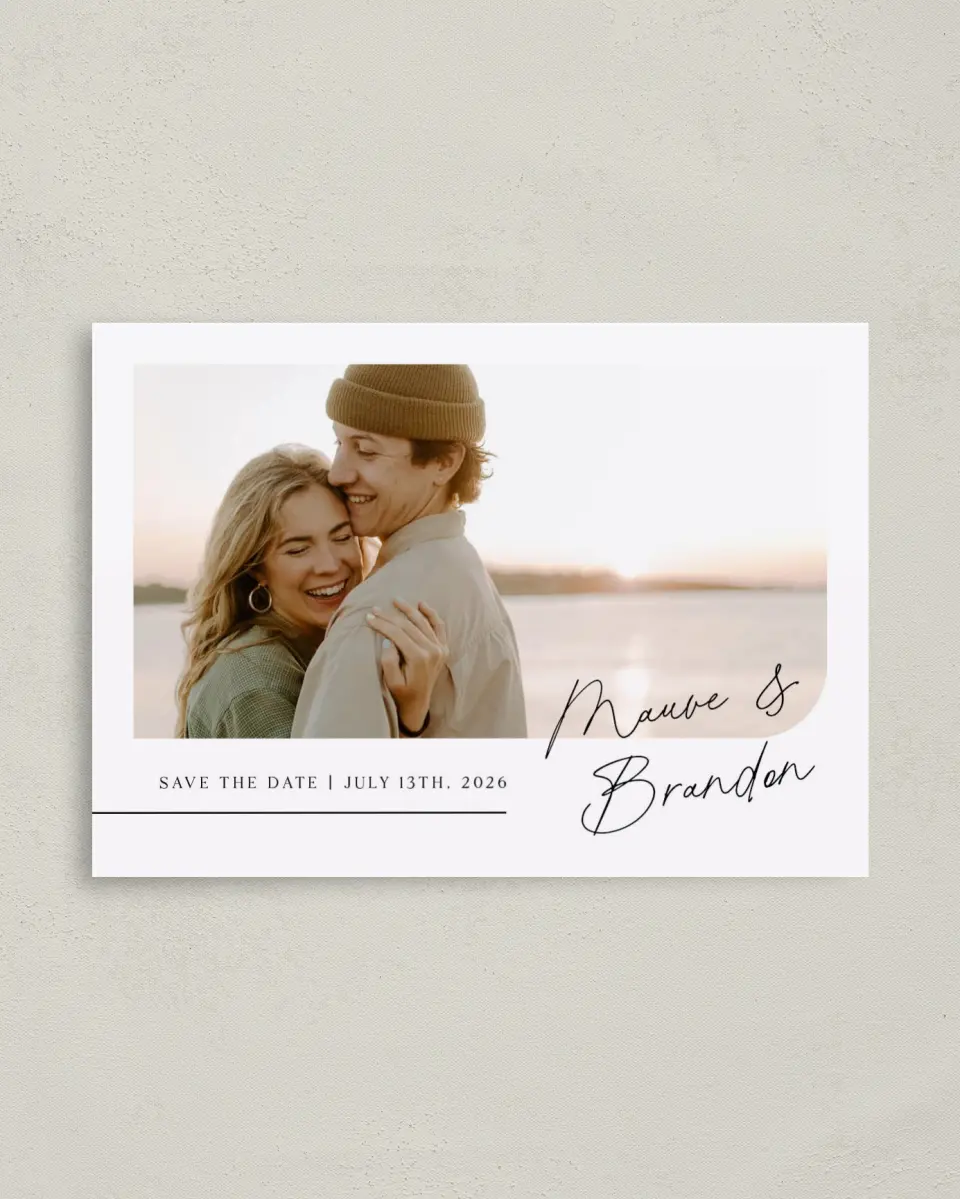 This is a 4" x 5.6" Save the Date Postcard called Sealed with Love printed in full color with Gold foil on Soft Touch Finish paper