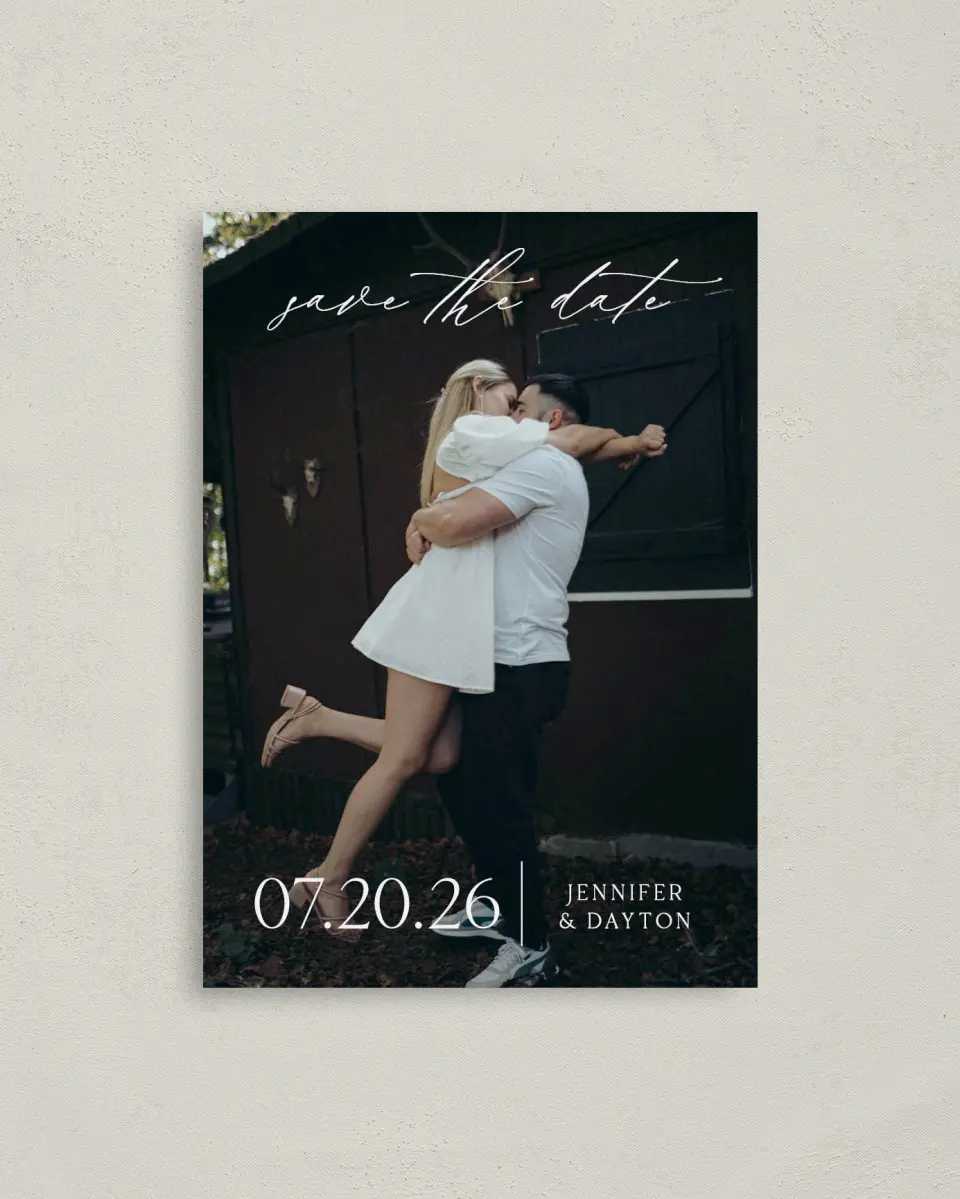 This is a 4" x 5.6" Save the Date Postcard called Dainty Love printed in full color on Soft Touch Finish paper