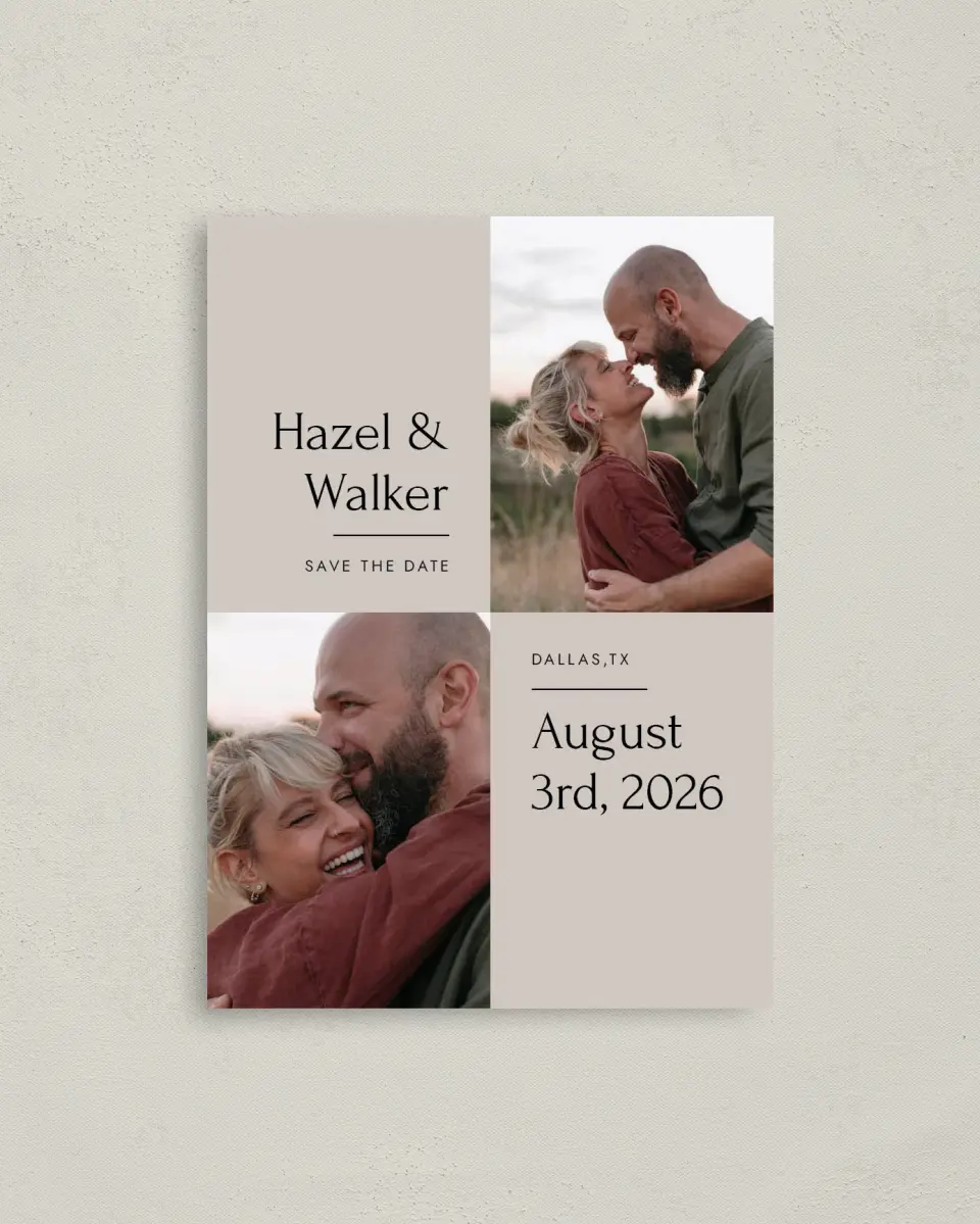 This is a 4" x 5.6" Save the Date Postcard called Just You & Me printed in full color on Soft Touch Finish paper