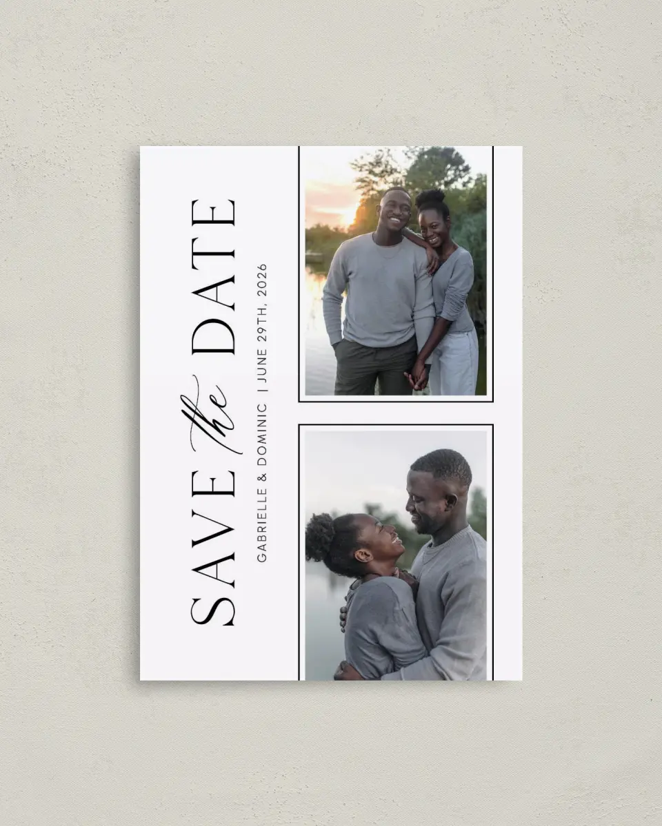 This is a 4" x 5.6" Save the Date Postcard called Elegantly True printed in full color on Soft Touch Finish paper