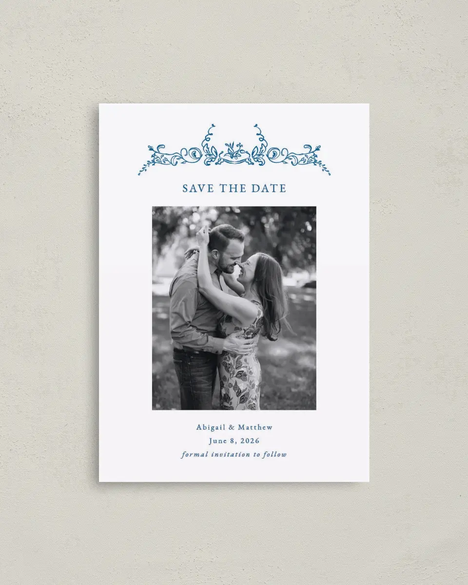 This is a 4" x 5.6" Save the Date Postcard called Ornamental Elegance printed in full color on Soft Touch Finish paper