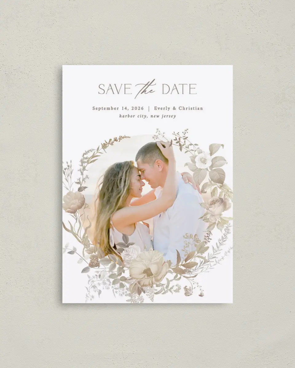 This is a 4" x 5.6" Save the Date Postcard called The Everly printed in full color with Rose Gold foil on Soft Touch Finish paper
