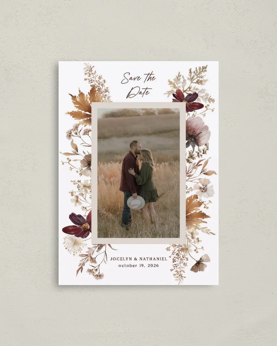 This is a 4" x 5.6" Save the Date Postcard called Autumn Wildflowers printed in full color with Rose Gold foil on Soft Touch Finish paper