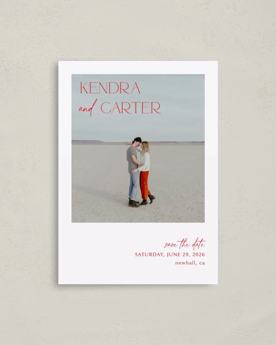 This is a 4" x 5.6" Save the Date Postcard called Initial Unity printed in full color on Soft Touch Finish paper