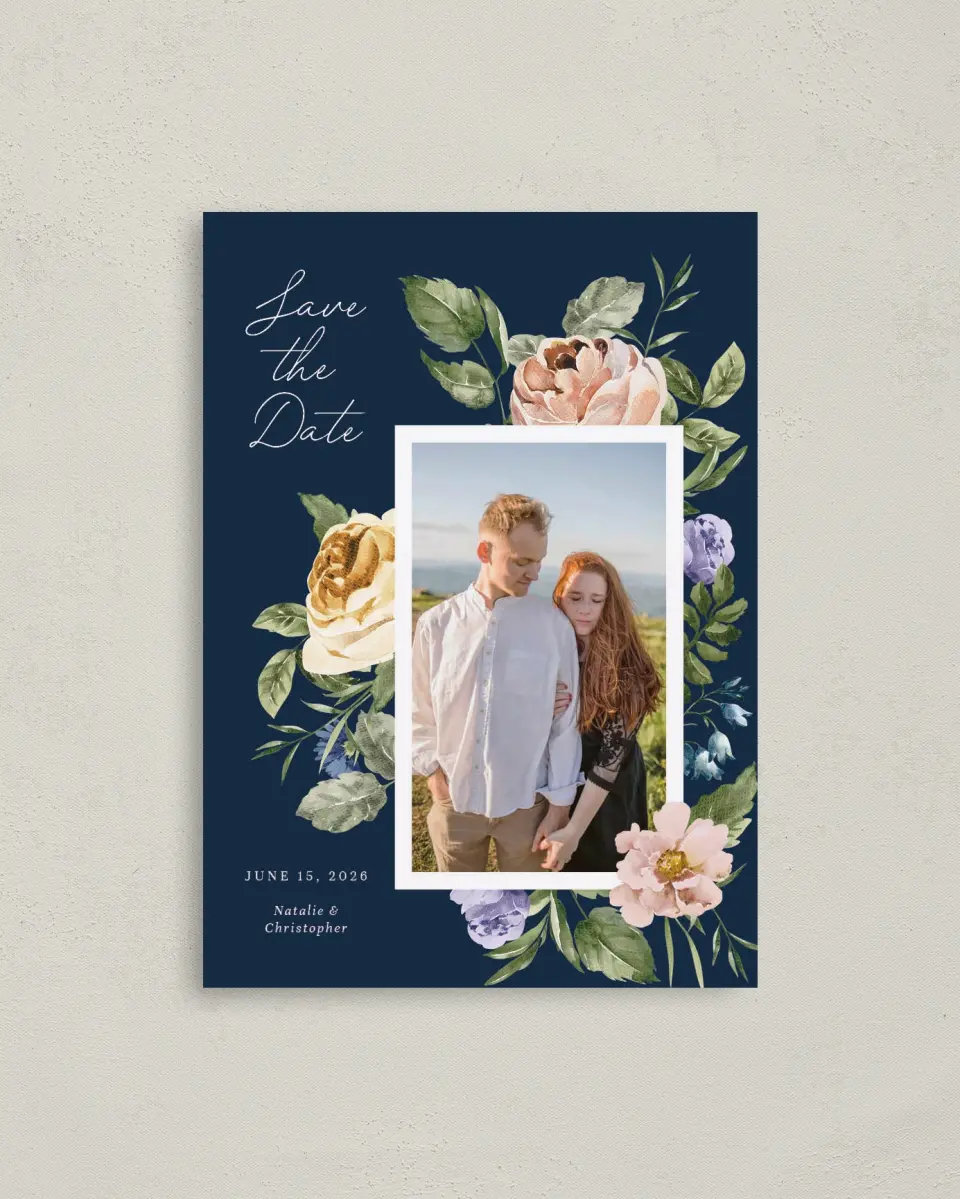 This is a 4" x 5.6" Save the Date Postcard called The Natalie printed in full color with Rose Gold foil on Soft Touch Finish paper