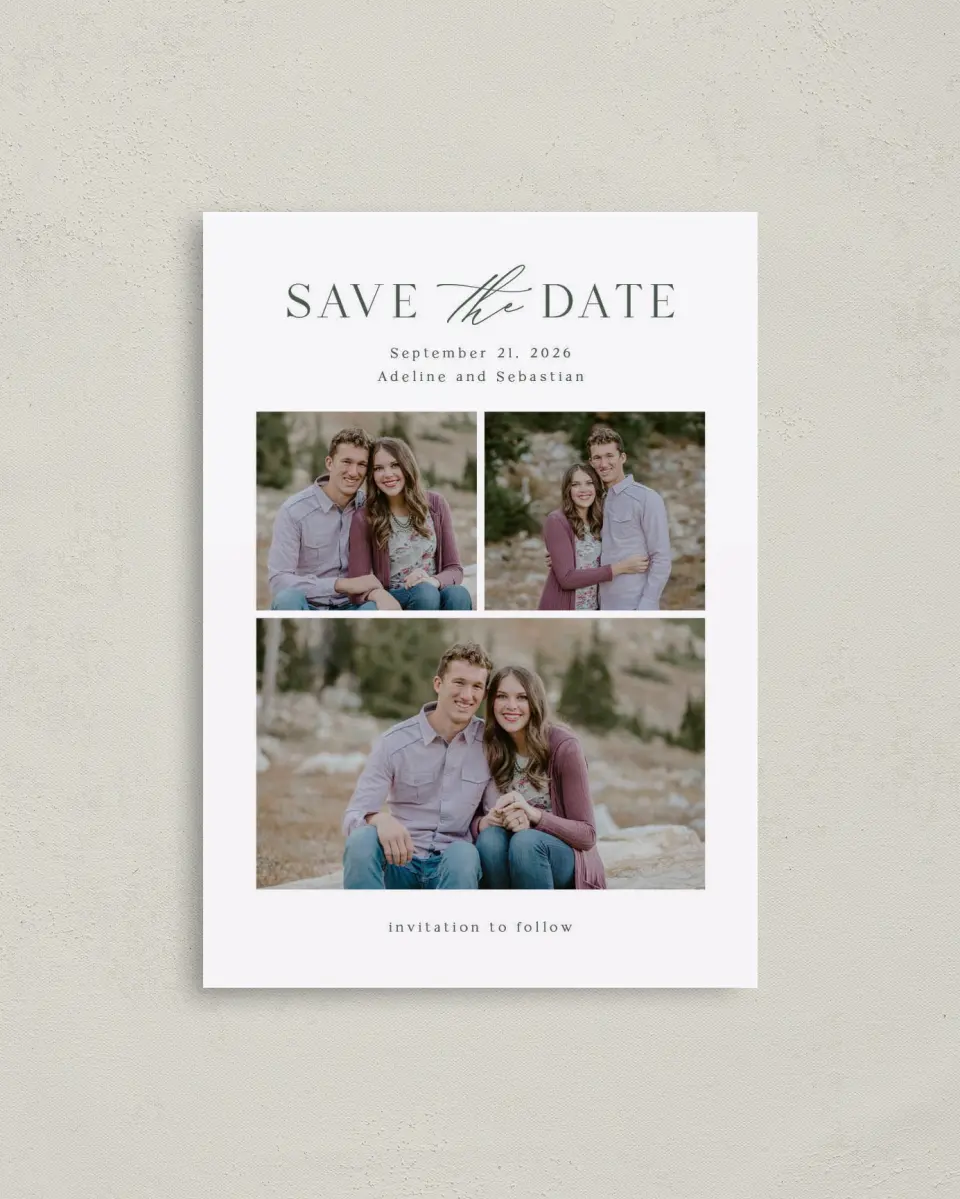 This is a 4" x 5.6" Save the Date Postcard called True Tradition printed in full color on Soft Touch Finish paper