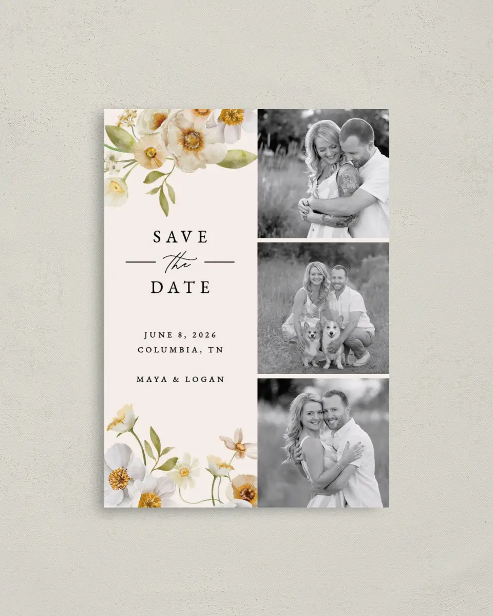 This is a 4" x 5.6" Save the Date Postcard called Charming Cosmos printed in full color with Rose Gold foil on Soft Touch Finish paper