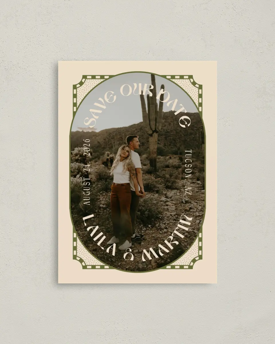 This is a 4" x 5.6" Save the Date Postcard called Desert Funk printed in full color on Soft Touch Finish paper