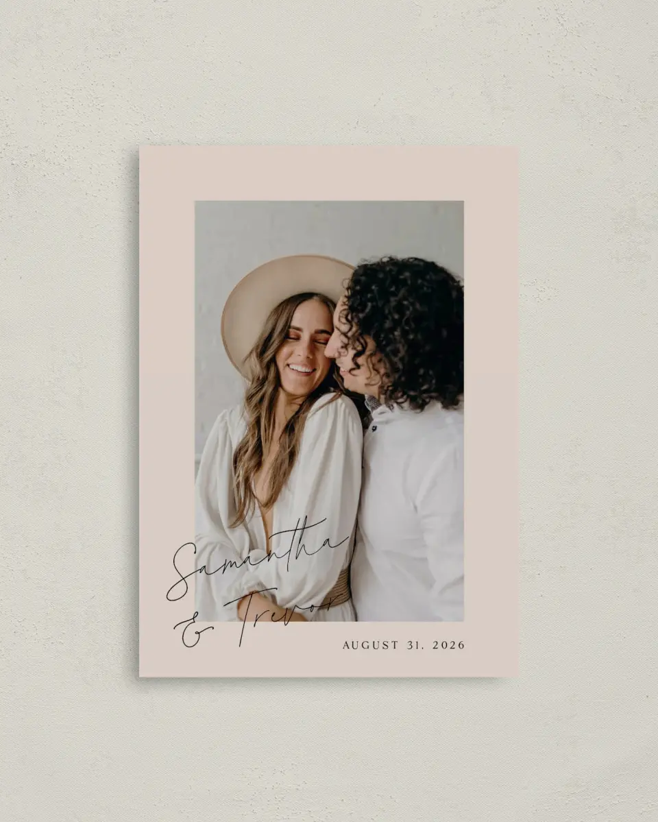 This is a 4" x 5.6" Save the Date Postcard called The Samantha printed in full color on Soft Touch Finish paper