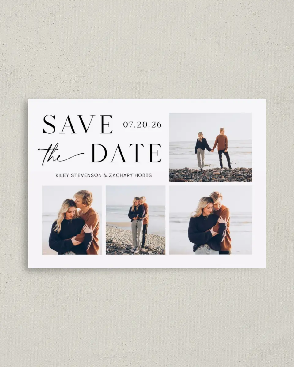 This is a 4" x 5.6" Save the Date Postcard called Picturesque printed in full color on Soft Touch Finish paper