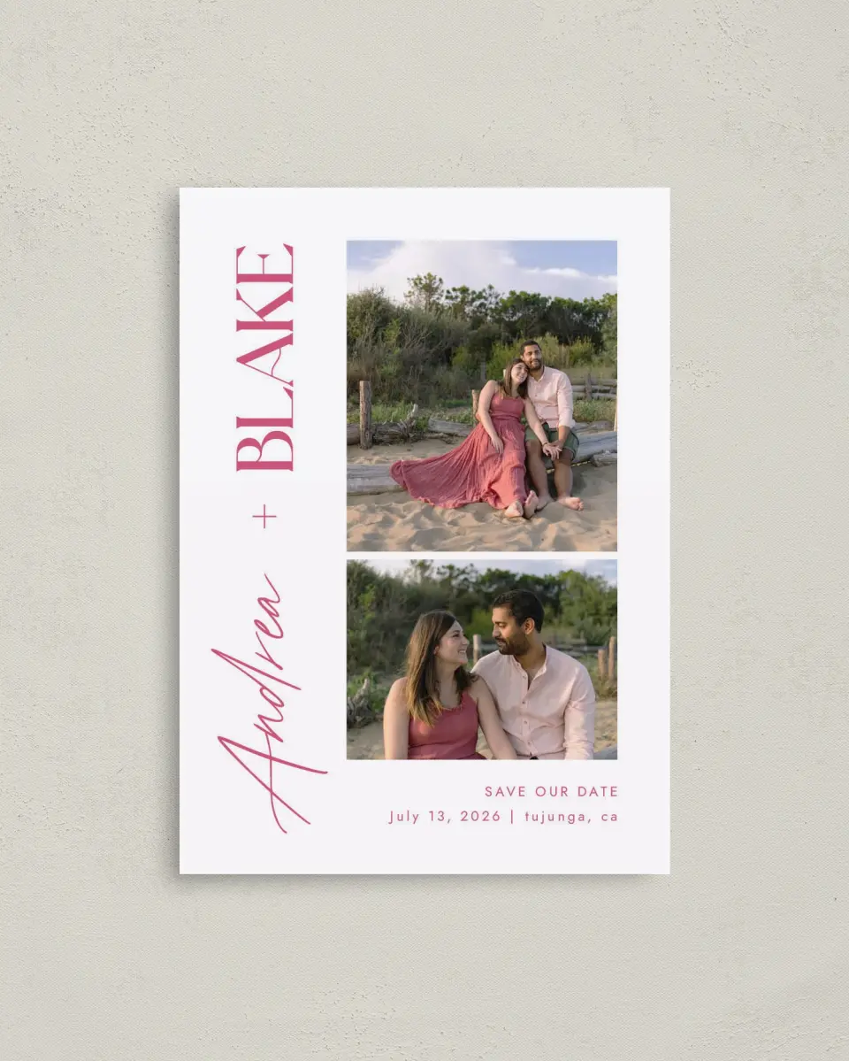 This is a 4" x 5.6" Save the Date Postcard called The Andrea printed in full color with Rose Gold foil on Soft Touch Finish paper