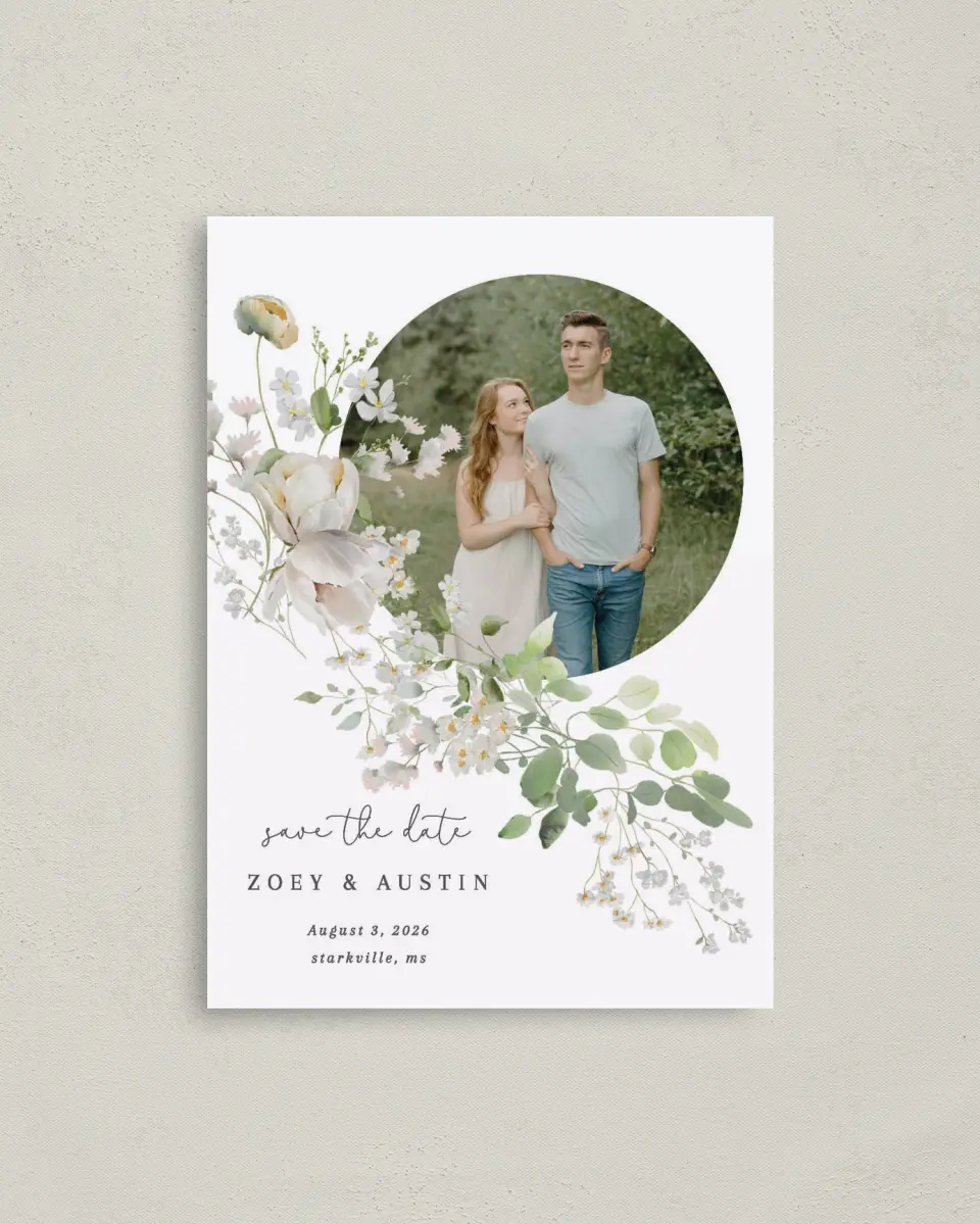 This is a 4" x 5.6" Save the Date Postcard called The Zoey printed in full color with Rose Gold foil on Soft Touch Finish paper