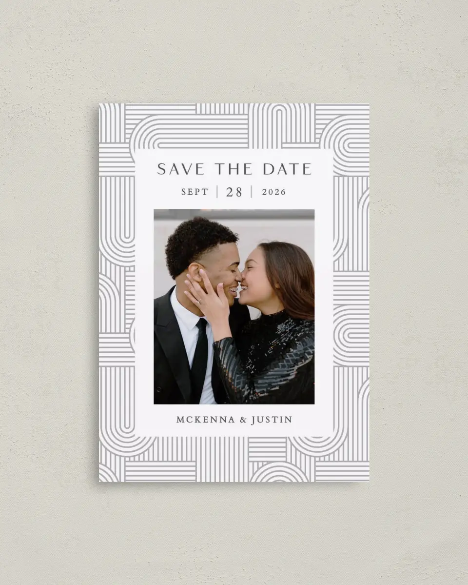 This is a 4" x 5.6" Save the Date Postcard called Geometric Elegance printed in full color with Rose Gold foil on Soft Touch Finish paper