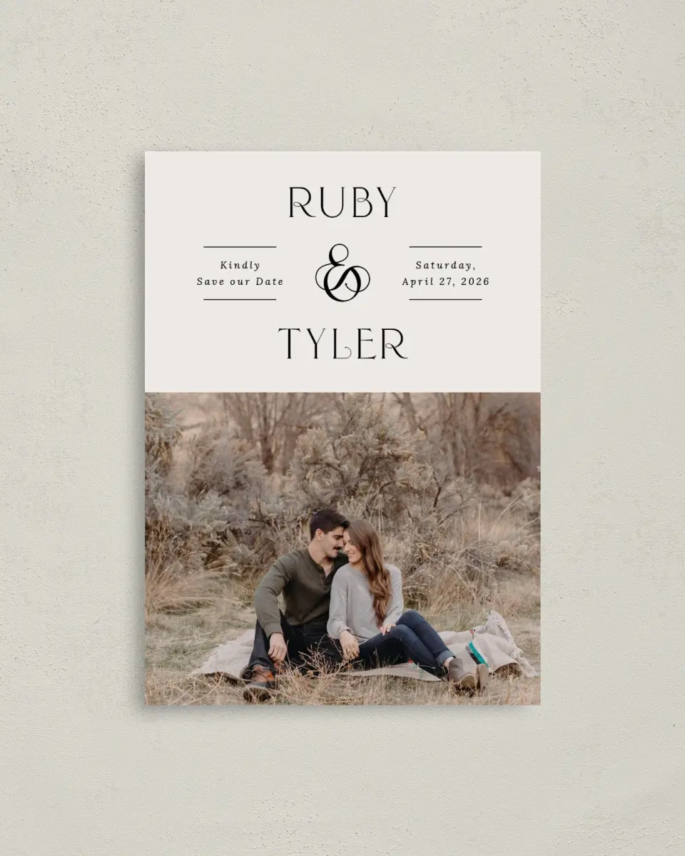 This is a 4" x 5.6" Save the Date Postcard called The Ruby printed in full color with Rose Gold foil on Soft Touch Finish paper