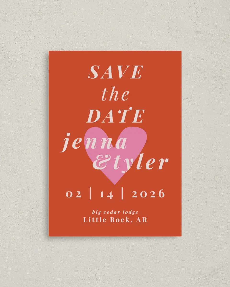This is a 4" x 5.6" Save the Date Postcard called Heart Eyes for You printed in full color with Rose Gold foil on Soft Touch Finish paper