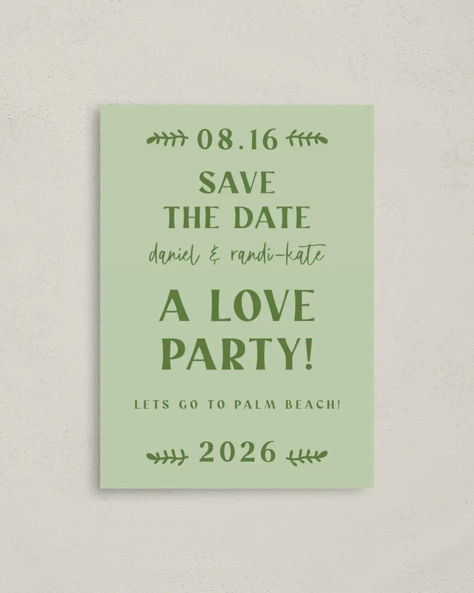 This is a 4" x 5.6" Save the Date Postcard called Love Party! printed in full color on Soft Touch Finish paper