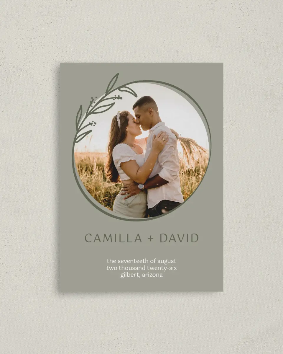 This is a 4" x 5.6" Save the Date Postcard called Growing to Blossom printed in full color on Soft Touch Finish paper