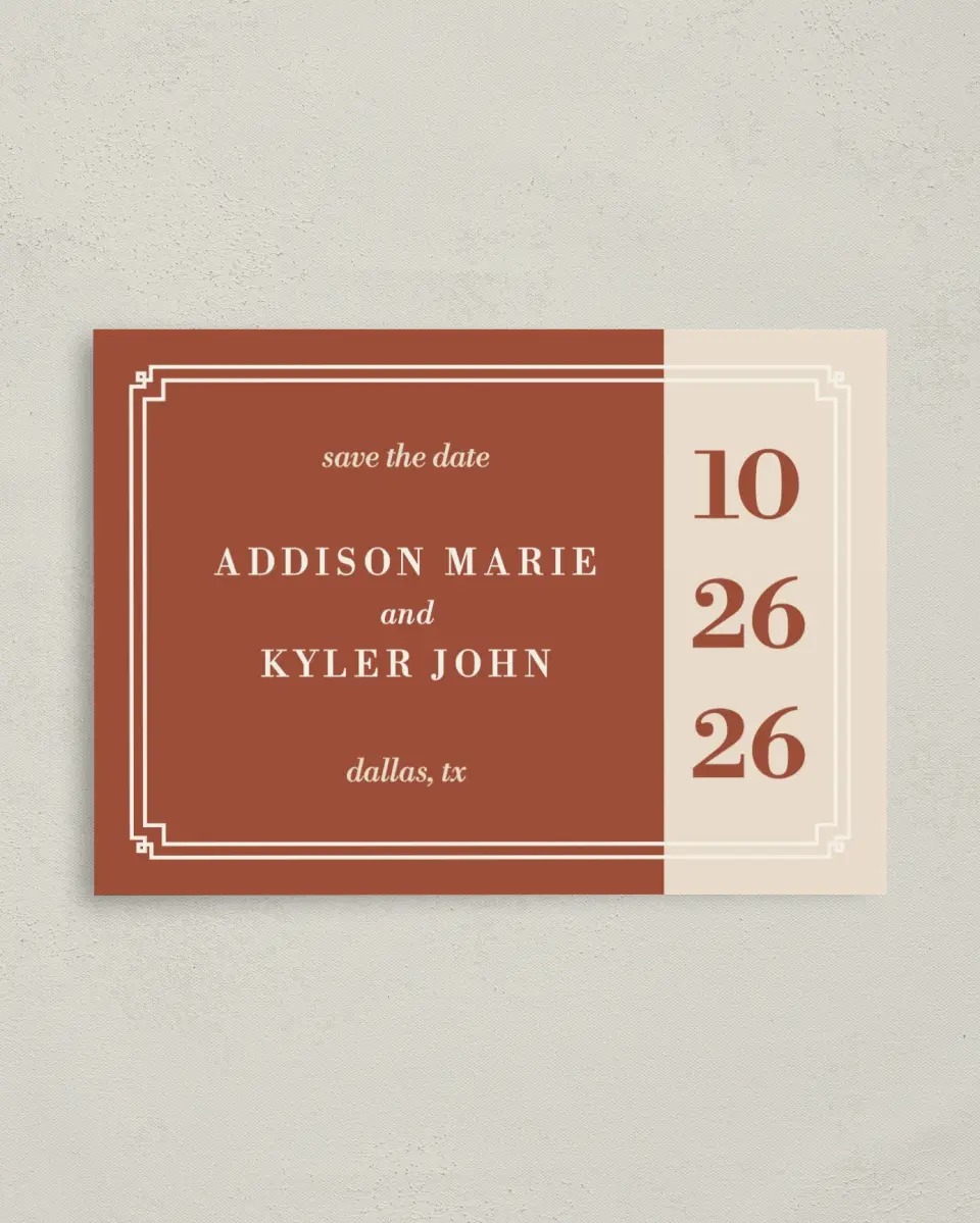 This is a 4" x 5.6" Save the Date Postcard called Golden Love printed in full color on Soft Touch Finish paper