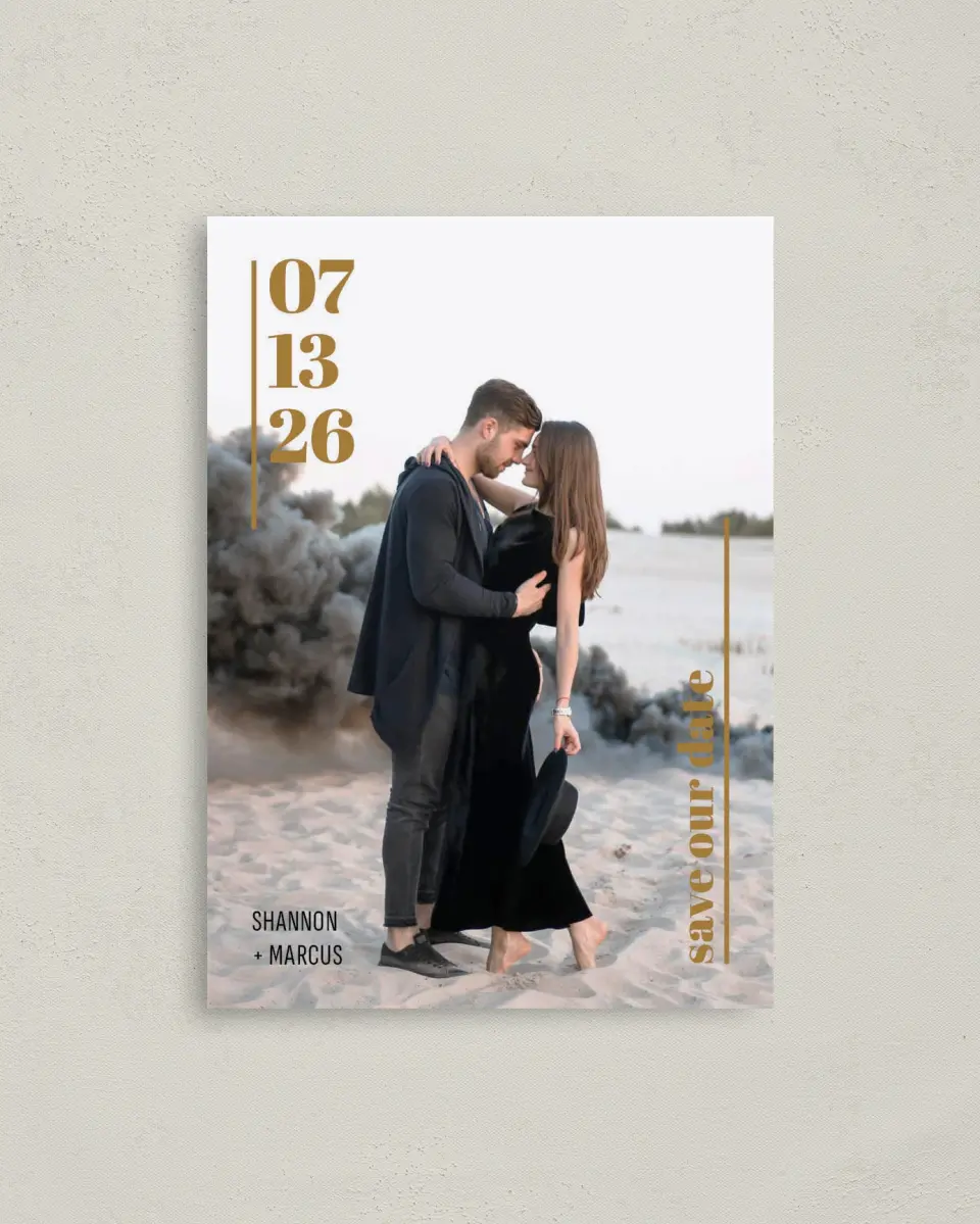This is a 4" x 5.6" Save the Date Postcard called The 1 printed in full color with Rose Gold foil on Soft Touch Finish paper