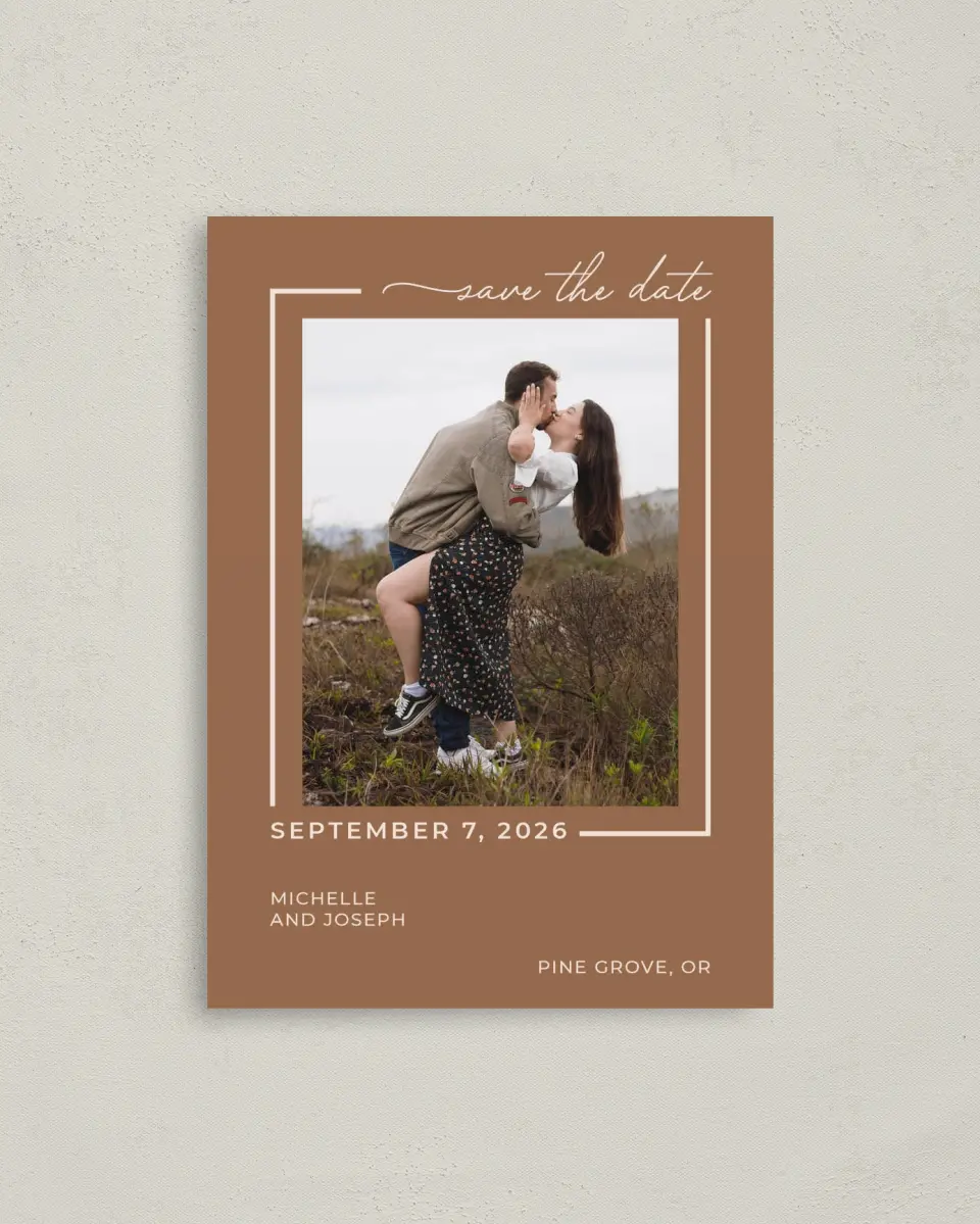 This is a 4" x 5.6" Save the Date Postcard called Kisses & Wishes printed in full color on Soft Touch Finish paper