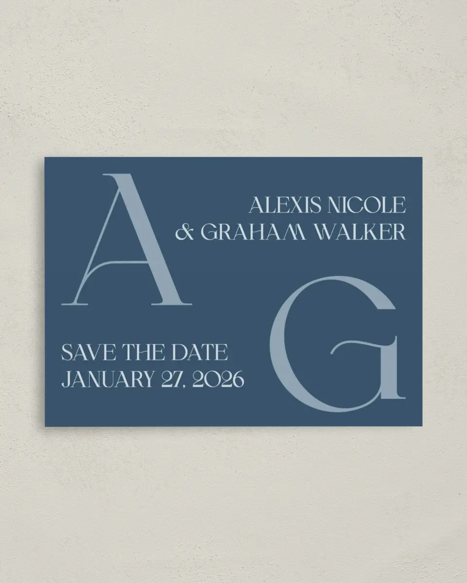 This is a 4" x 5.6" Save the Date Postcard called Love Letters printed in full color on Soft Touch Finish paper