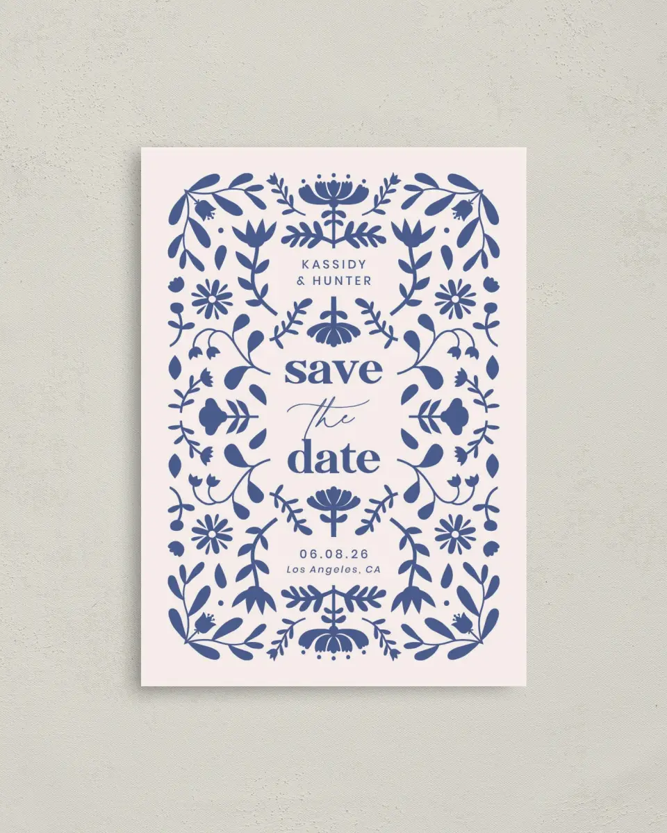 This is a 4" x 5.6" Save the Date Postcard called The Kassidy printed in full color on Soft Touch Finish paper