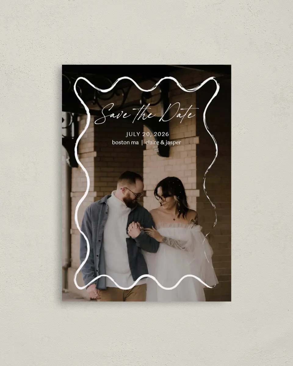 This is a 4" x 5.6" Save the Date Postcard called Romantic Sketch printed in full color on Soft Touch Finish paper