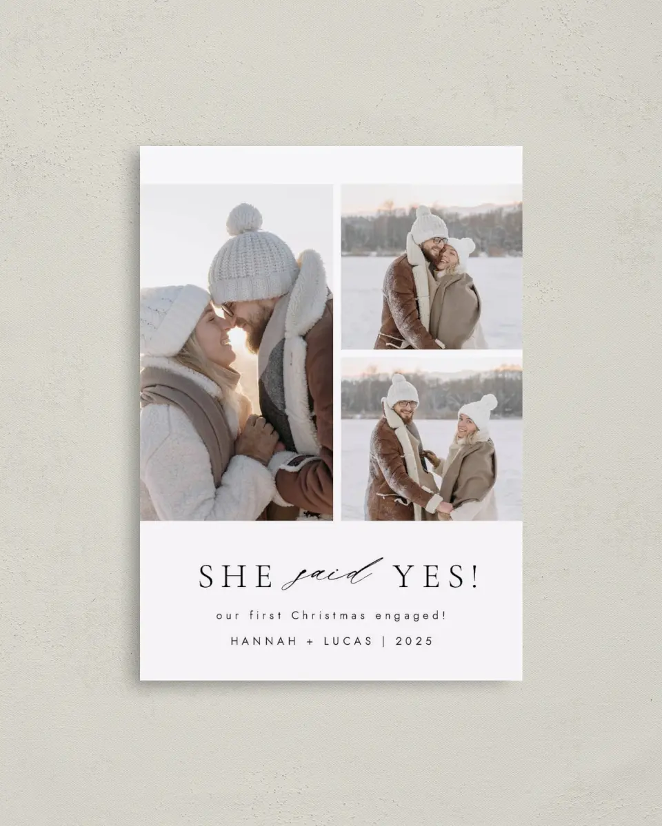 This is a 4" x 5.6" Christmas Card called Yes to Forever printed in full color with Rose Gold foil on Soft Suede (coated) paper