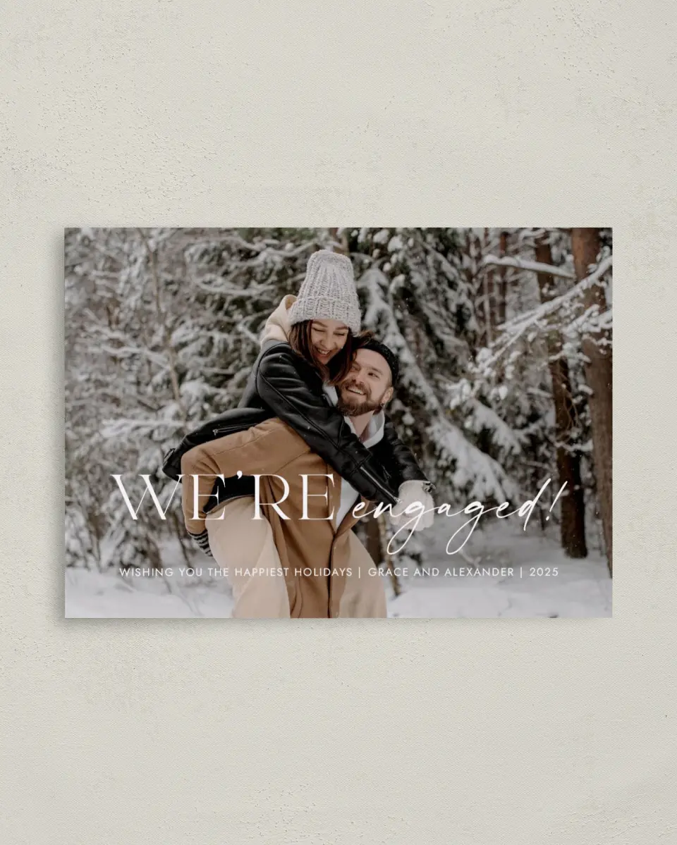 This is a 4" x 5.6" Christmas Card called A Moment to Remember printed in full color with Rose Gold foil on Soft Suede (coated) paper
