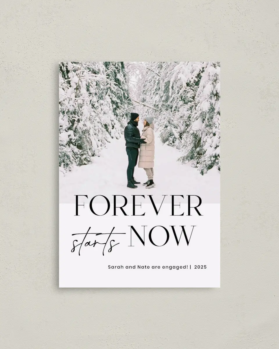 This is a 4" x 5.6" Christmas Card called Forever with Joy! printed in full color with Rose Gold foil on Soft Suede (coated) paper
