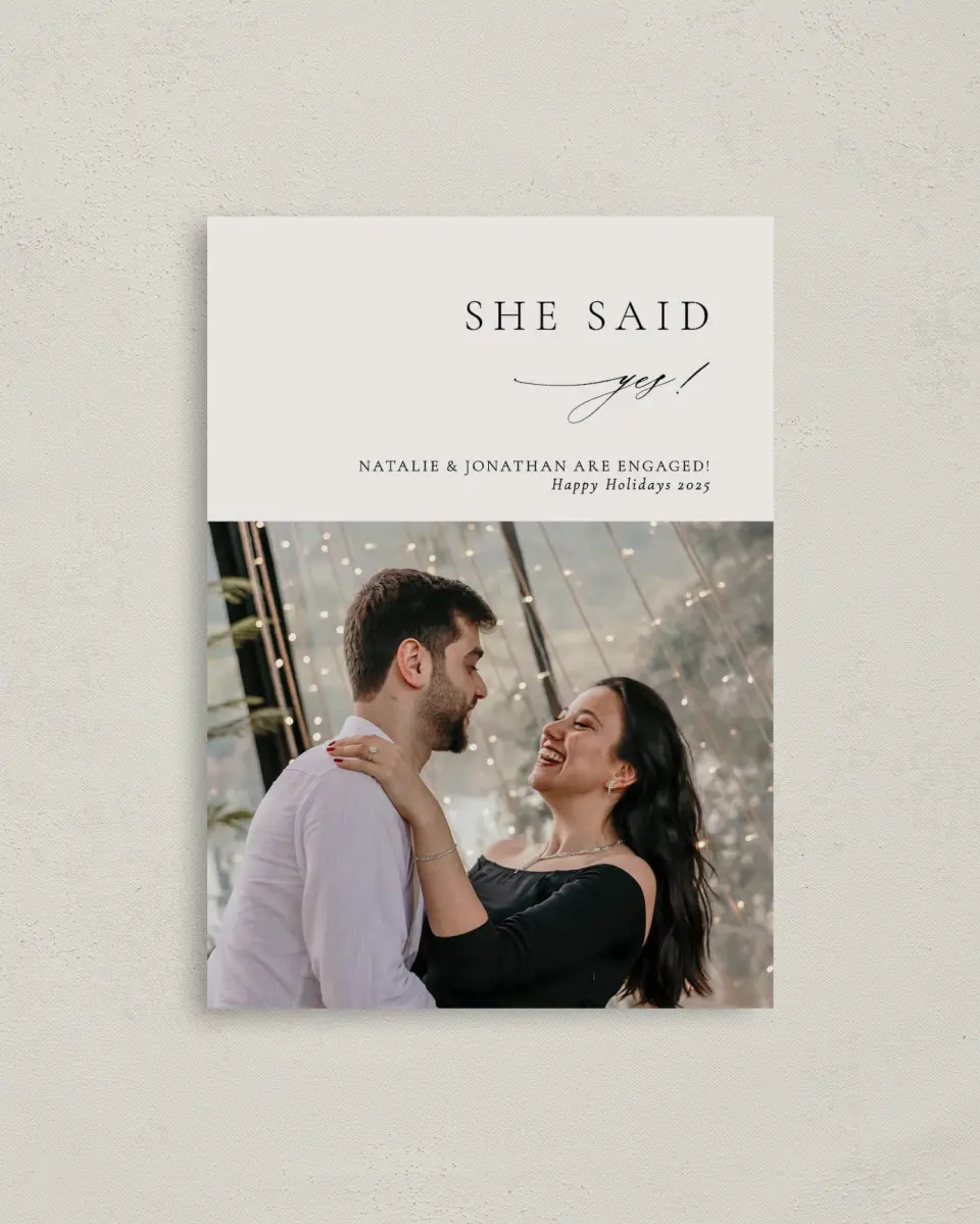 This is a 4" x 5.6" Christmas Card called You're My YES! printed in full color with Rose Gold foil on Soft Suede (coated) paper