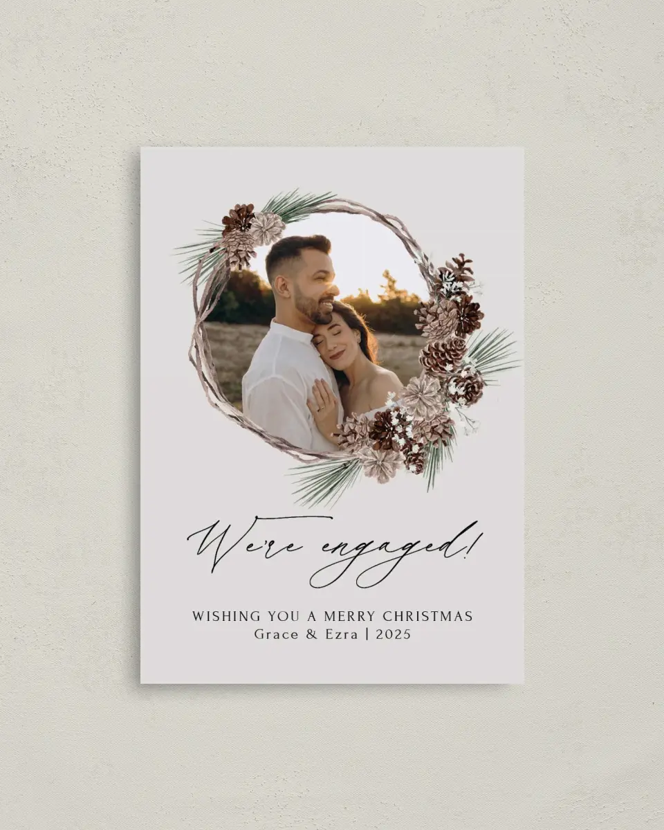 This is a 4" x 5.6" Christmas Card called Festive Blessings printed in full color with Rose Gold foil on Soft Suede (coated) paper