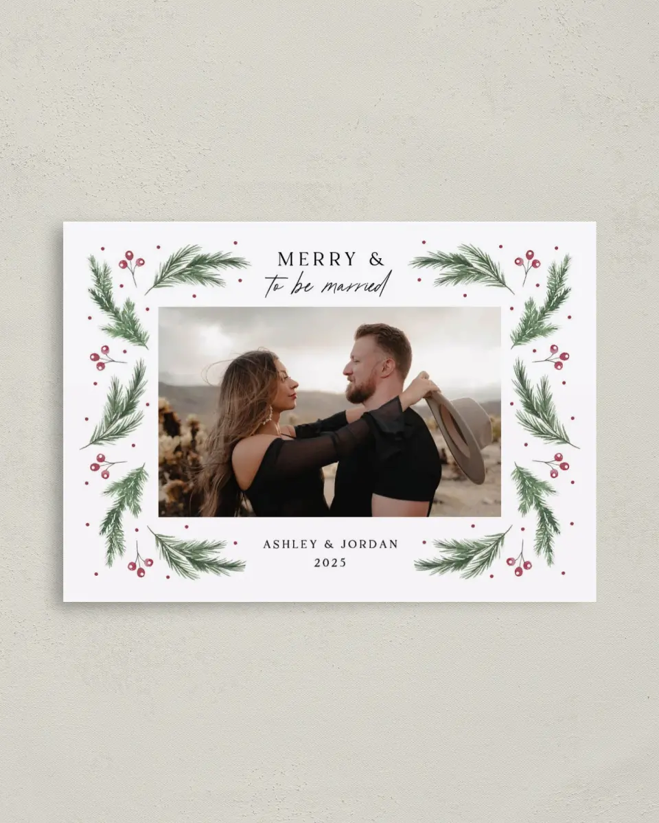 This is a 4" x 5.6" Christmas Card called Christmas Together Forever printed in full color with Rose Gold foil on Soft Suede (coated) paper