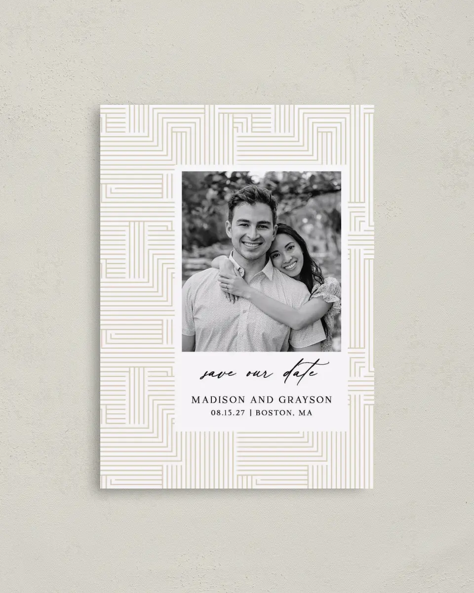 This is a 4" x 5.6" Save the Date Postcard called Love Maze printed in full color with Gold foil on Soft Touch Finish paper