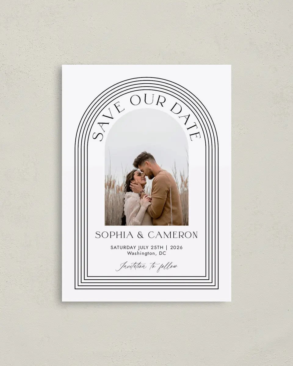 This is a 4" x 5.6" Save the Date Postcard called Passionate Arch printed in full color with Gold foil on Soft Touch Finish paper